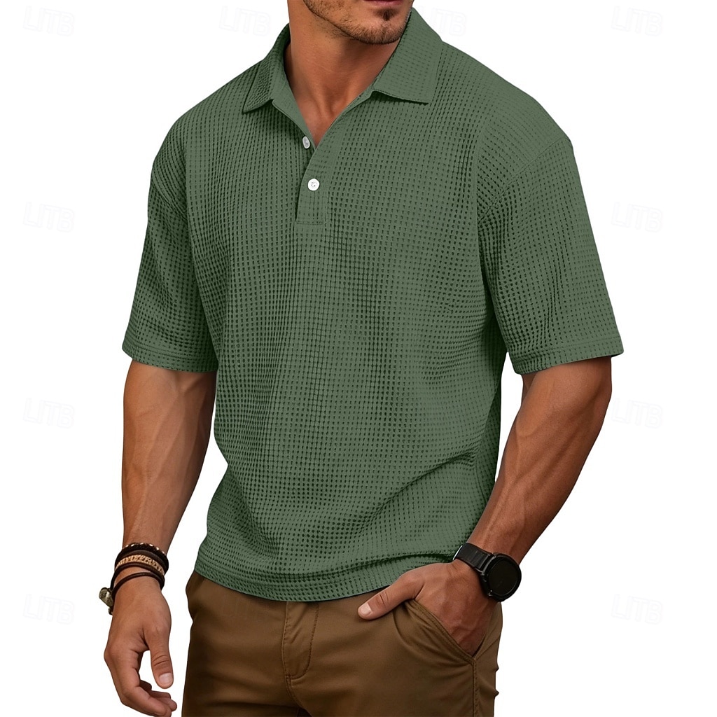 Homens Camisas Polo Waffle Textura Casual Rua Lapela Manga Curta Básico Moderno Tecido Leve Botões Verão Primavera Ajuste Largo Azul Preto Branco Verde Claro Vinho Azul Marinha Camisas Polo Waffle de 2026 por $21.99 –P5
