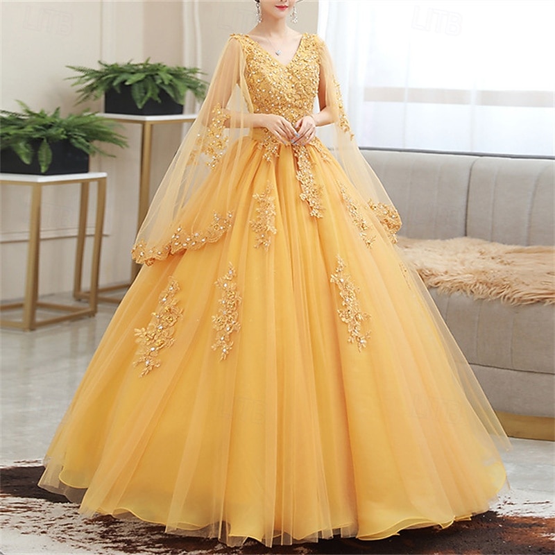 P6 Prom Ball Gown Floor Length Prom Dresses Princess Puffy Short Sleeve V Neck ...