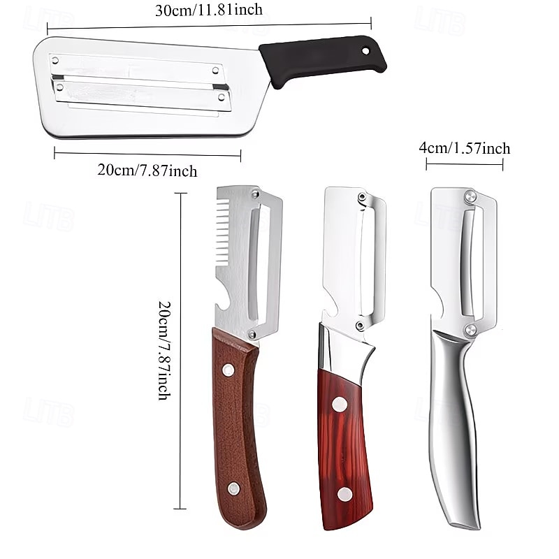 Juego de 3/4 cuchillos peladores de acero inoxidable con mango de madera, cuchillo multifuncional para pelar frutas y verduras, ideal para caña de azúcar, patatas, manzanas y para cortar en la cocina. 2026 - $23.99 –P10