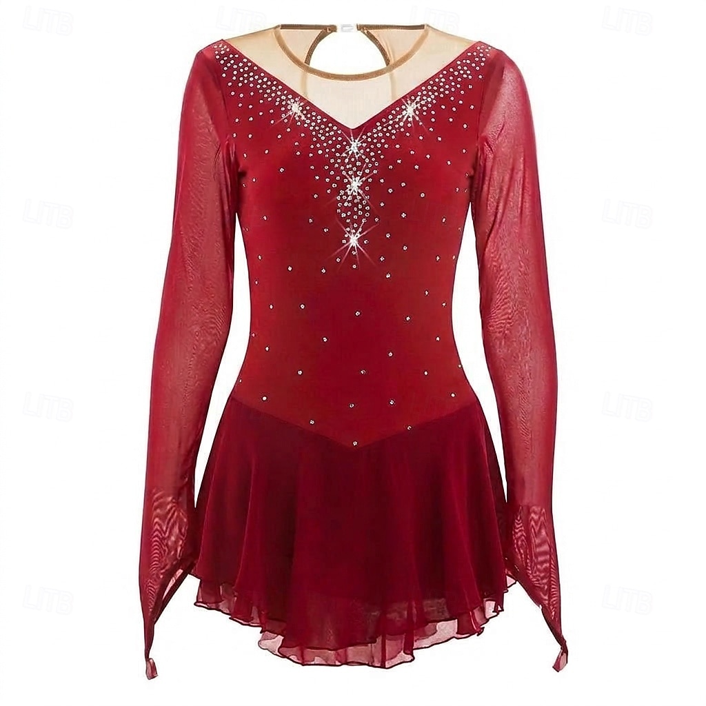 Figure Skating Dress Women's Ice Skating Dress Burgundy Patchwork Thumbhole Stretchy Training Competition Skating Wear Classic Crystal / Rhinestone Long Sleeve Ice Skating Figure Skating 2026 - $176.99 –P1