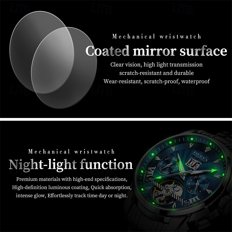 Men's Luxury Automatic Mechanical Watch, Two Tone Stainless Steel, Blue Dial Skeleton Tourbillon Style, Self-Winding Business Wristwatch with Big Date Day 24H Waterproof Luminous Gift for Him 2026 - $96.99 –P13