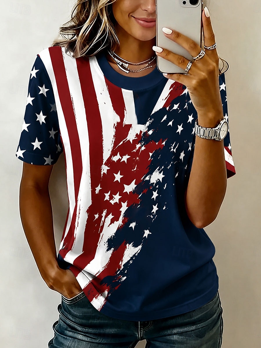 American Independence Day Women's T Shirt Print Graphic Letter National Flag Vintage Stylish Classic Short Sleeve Crew Neck Regular Tops Casual Daily Weekend Blue White Red Summer Spring 2026 - $21.99 –P2