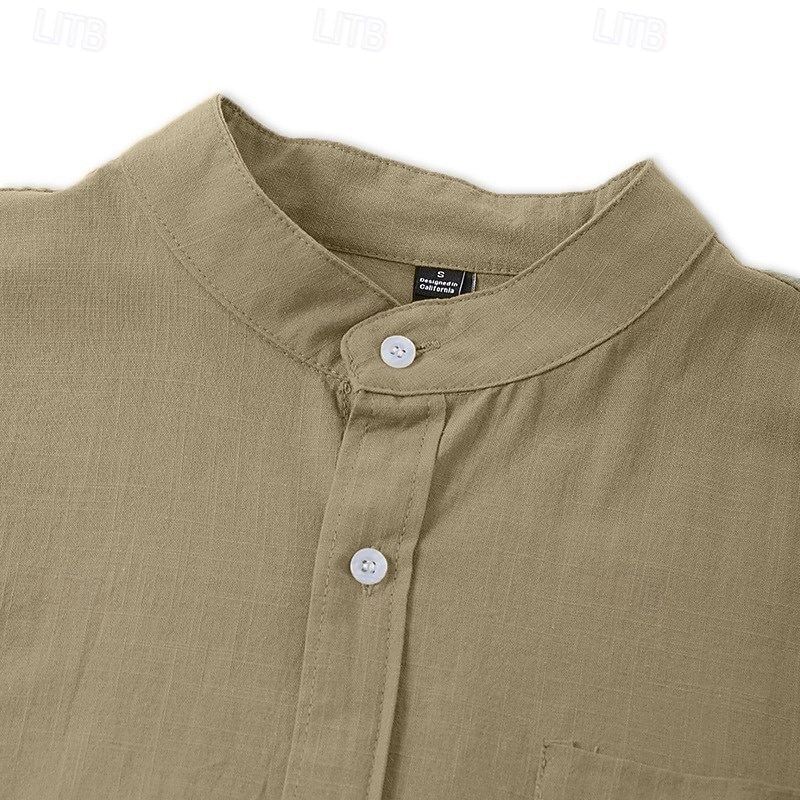 Voor heren Overhemd Linnen overhemd Zomer overhemd Strand Kleding Overhemd met bandkraag Overhemd met knopen Effen Kleur Casual Vakantie Zwart Wit Blozend Roze Oranje Korte mouw Mandarijn Kraag Zomer 2026 - $11.49 –P3