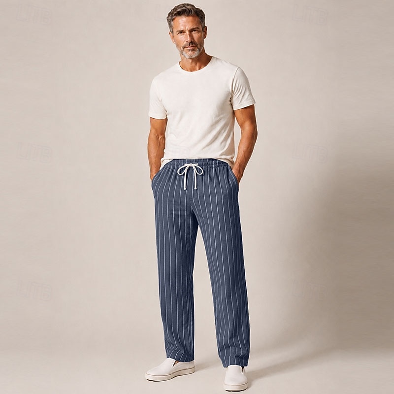 Herren-Leinenhose mit Streifen, elastischem Bund und Kordelzug 2026 - $39.99 –P2
