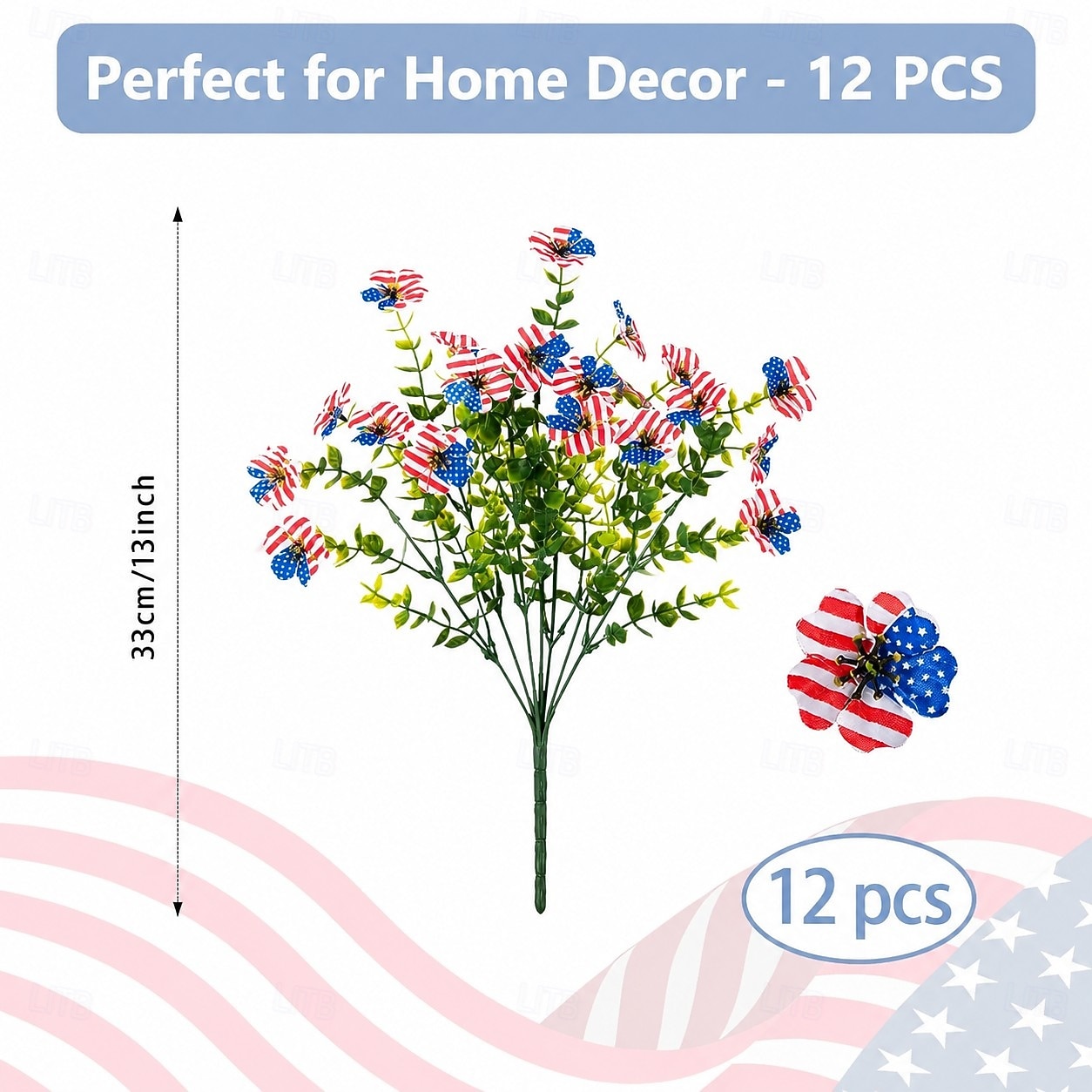 12 ramos de flores artificiais patrióticas com folhas de eucalipto, decoração vermelha, branca e azul para o 250º aniversário dos EUA, Dia da Memória e Dia dos Veteranos. de 2026 por $23.99 –P2