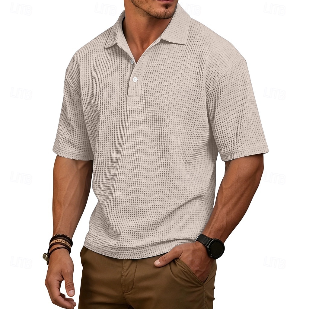 Homens Camisas Polo Waffle Textura Casual Rua Lapela Manga Curta Básico Moderno Tecido Leve Botões Verão Primavera Ajuste Largo Azul Preto Branco Verde Claro Vinho Azul Marinha Camisas Polo Waffle de 2026 por $21.99 –P4
