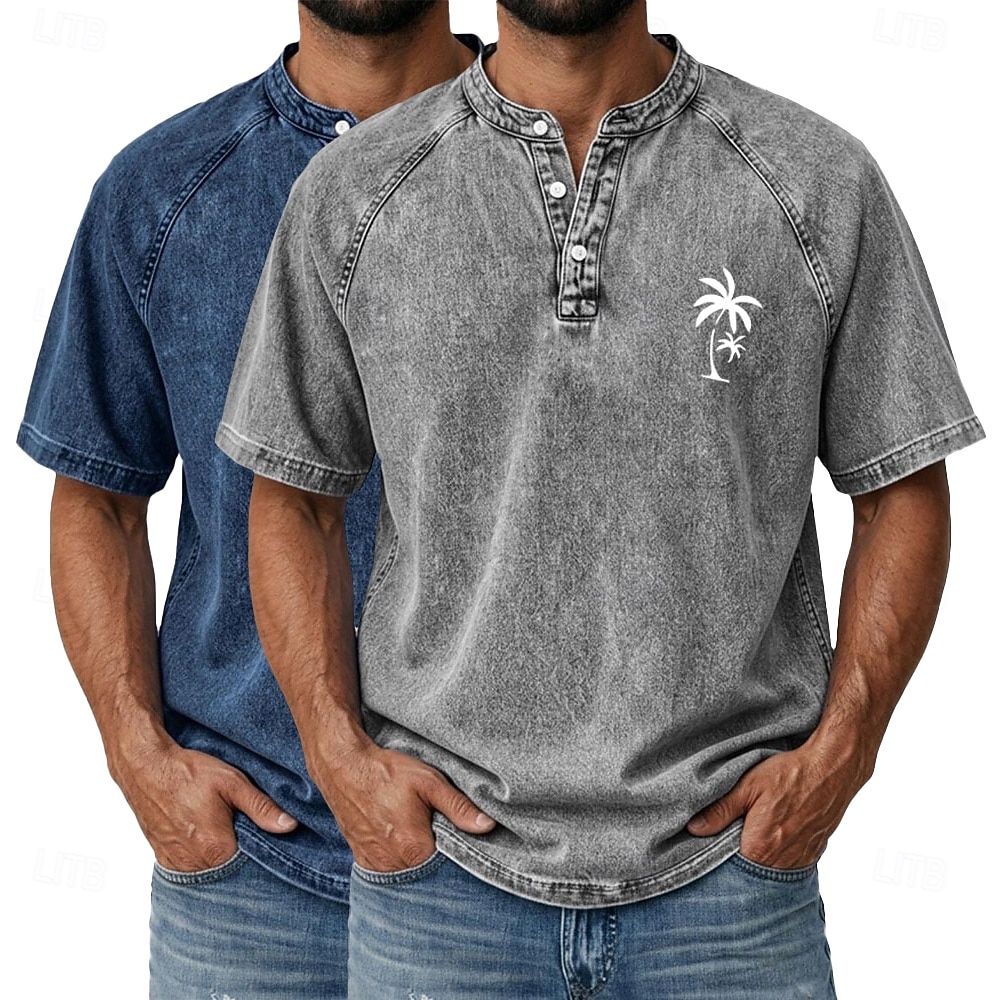 SoftFade™ Men's 2-PCS Coconut Tree T Shirt Demin Shirt 100% Cotton Acid Wash Shirt Short Sleeve Vintage Streetwear Casual Home Street Summer Spring Black Light Green Light Blue Stand 2026 - $62.99 –P10