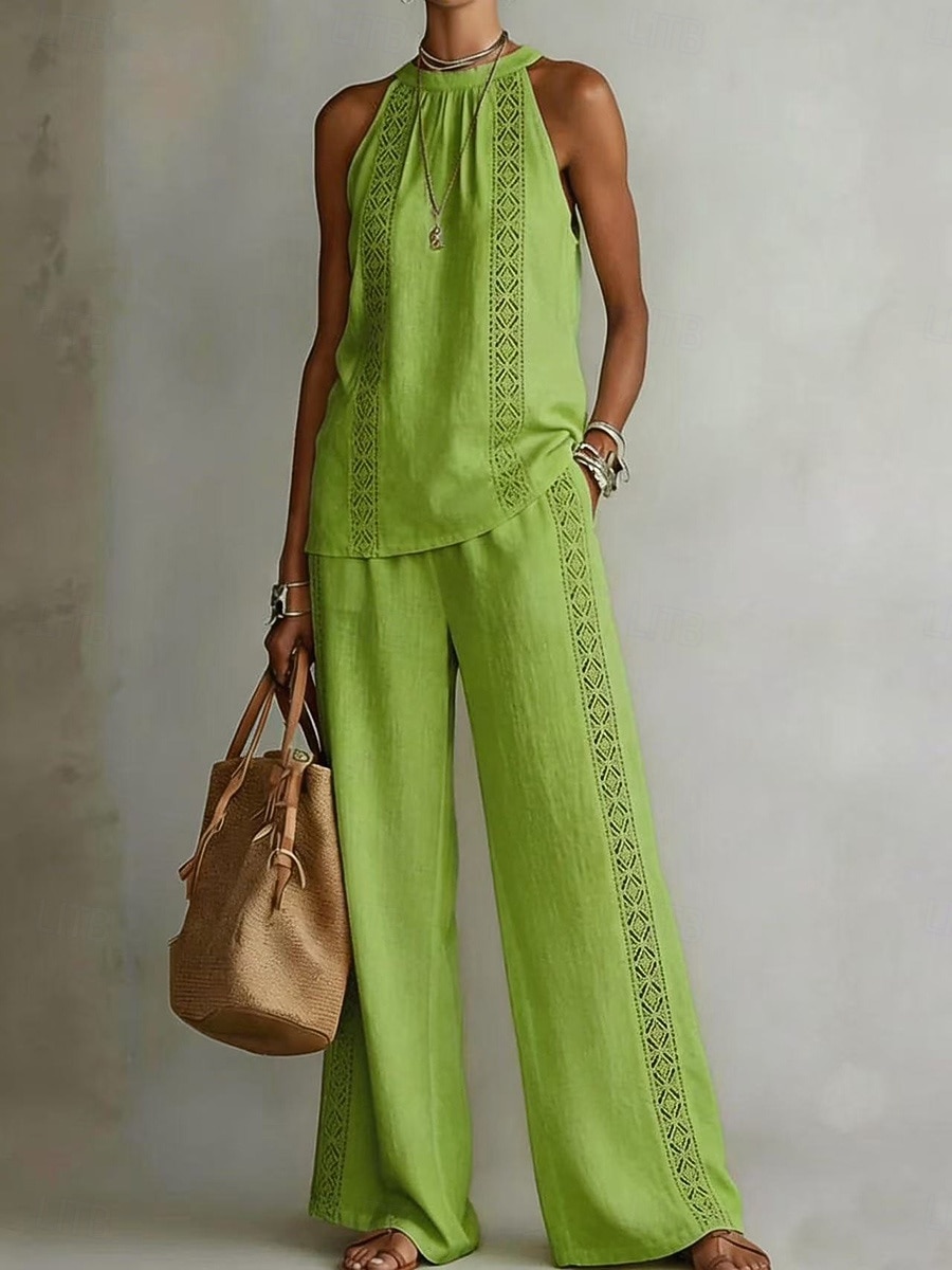 Women's Two Piece Sets T Shirt Pants Sets Sleeveless Halter Neck Plain Basic Casual Daily Vacation White Yellow Pink Summer Loose Fit 2026 - $37.99 –P4