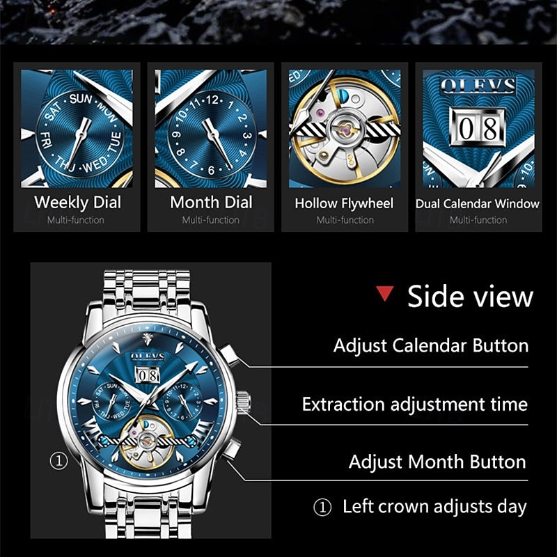 Men's Luxury Automatic Mechanical Watch, Two Tone Stainless Steel, Blue Dial Skeleton Tourbillon Style, Self-Winding Business Wristwatch with Big Date Day 24H Waterproof Luminous Gift for Him 2026 - $96.99 –P6
