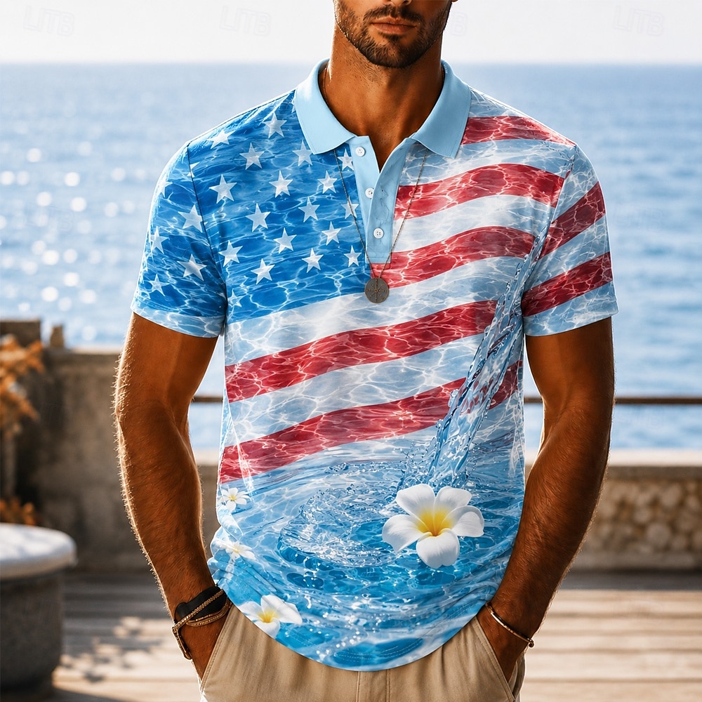 4th of July 2026 250th Men's Ocean American US Flag Hawaiian Polo Shirts Short Sleeve Polo Shirts Lapel Business Casual Athleisure 3D Print Buttons Breathable Mesh Spring & Summer Blue 1 Blue 3# Blue 2026 - $21.99 –P3