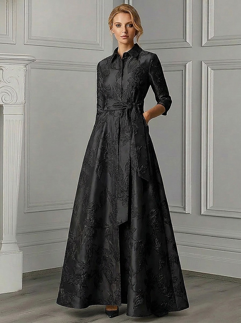 A-linje Gulvlengde Skjortekjole Formell kjole Aftenkjole Kjole til brudens mor 3/4 ermer Skjortekrage Elegant Minimalistisk Formell Bryllupsgjest Semi-formelt Jacquard med Belte / bånd 2026 - $194.99 –P4