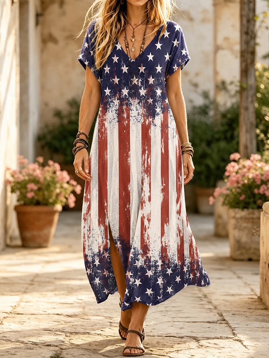 American Independence Day Women's Midi Dress Shift Dress Casual Loose Fit Graphic Flag Short Sleeve V Neck White Royal Blue Summer Spring 2026 - $27.99 –P1