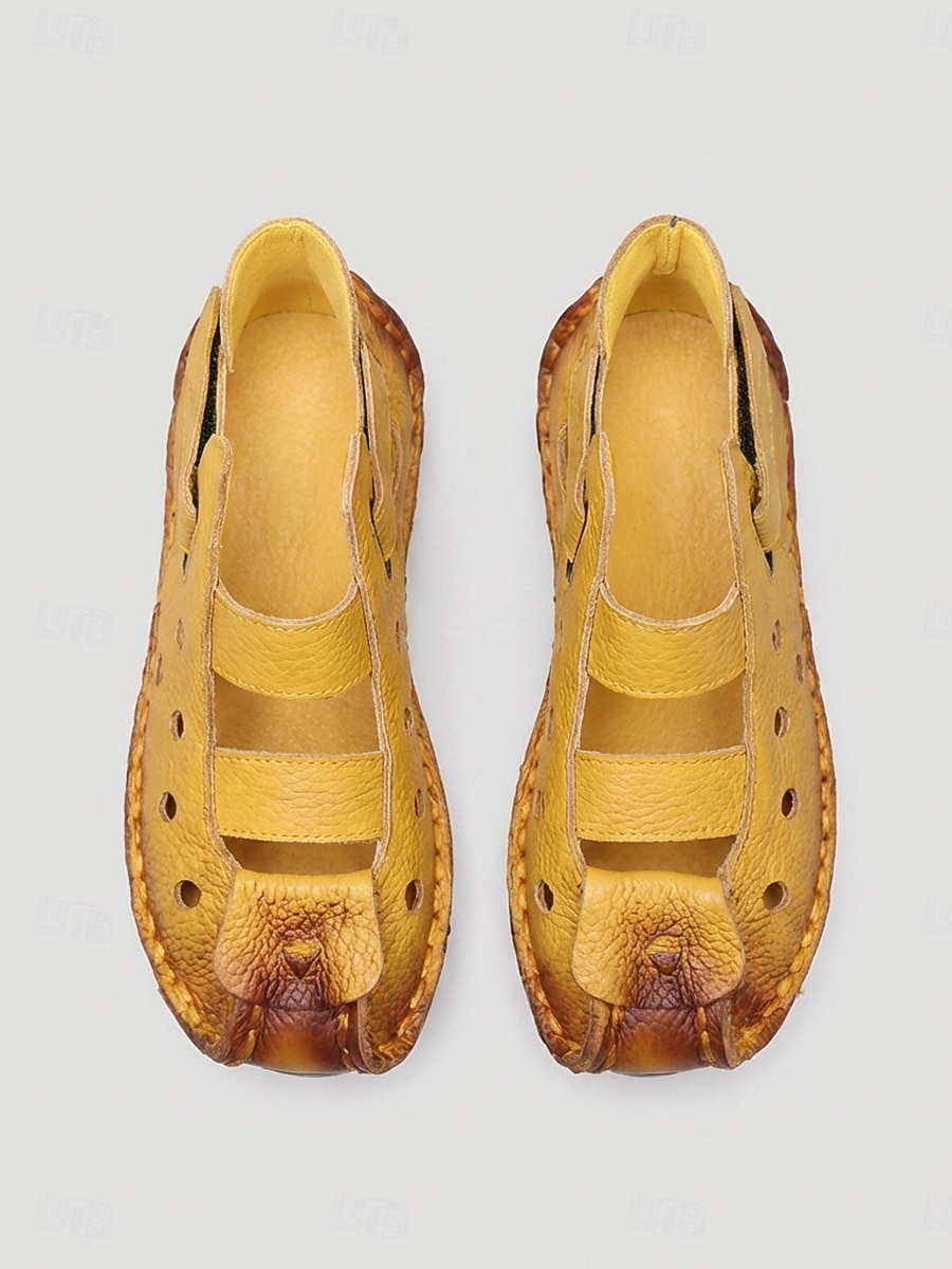 Women's Yellow Genuine Leather Closed Toe Sandals - Breathable Cutout Comfort Shoes with Magic Tape Strap for Walking, Travel, Daily Wear & Outdoor 2026 - $46.99 –P5