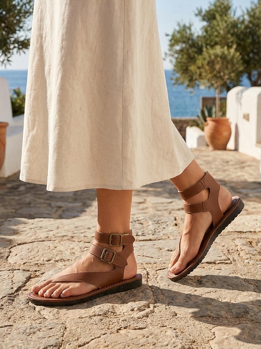 Women's Retro Leather Strappy Sandals - Casual Thong Flat Gladiators with Adjustable Ankle Buckle Straps for Island Vacation, Beach & Cruise 2026 - $24.99 –P2