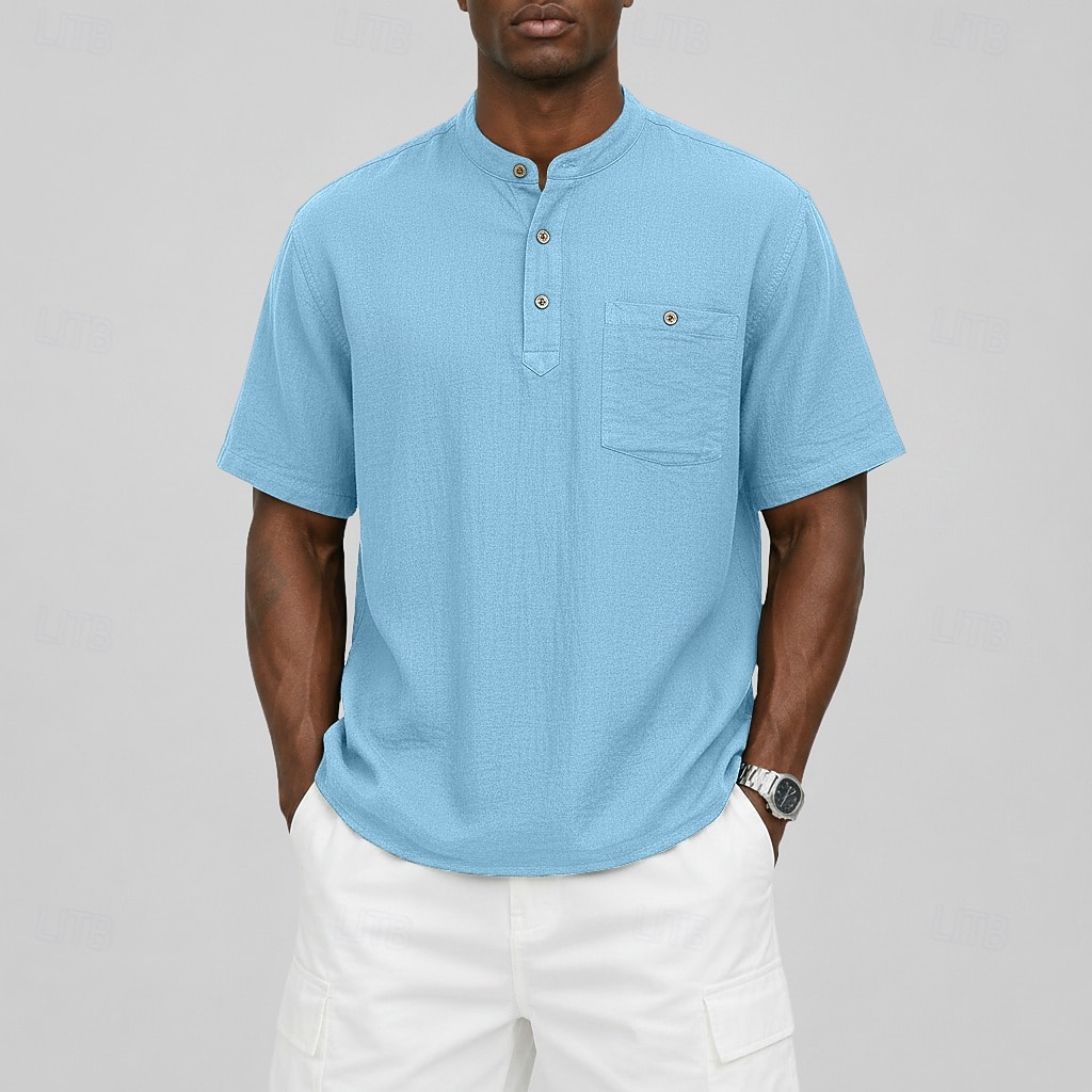 Men's Tee Linen T-Shirt Short Sleeve Solid Color Plain Vacation Pocket Buttons Henley Casual Daily Outdoor Summer Spring &  Fall Light Blue Navy Blue Khaki Henley T-Shirt 2026 - $23.99 –P1