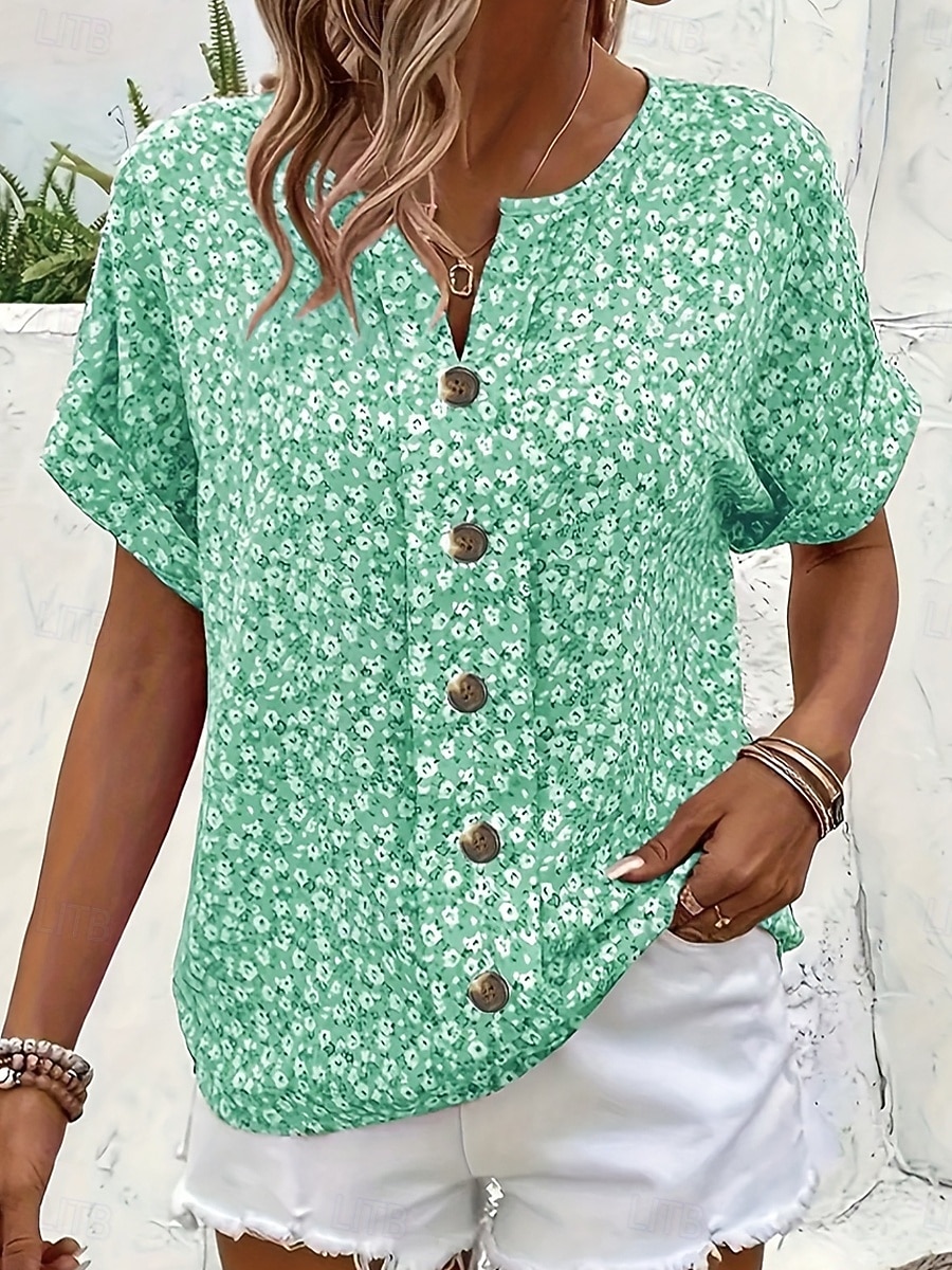 Per donna Blusa Bottoni Stampato Floreale Grafico Vintage Elegante Moderno Manica Corta Colletto a Camicia Top Regolari Casuale Quotidiano Blu Rosa Viola Verde Estate Primavera del 2026 a $24.99 –P5