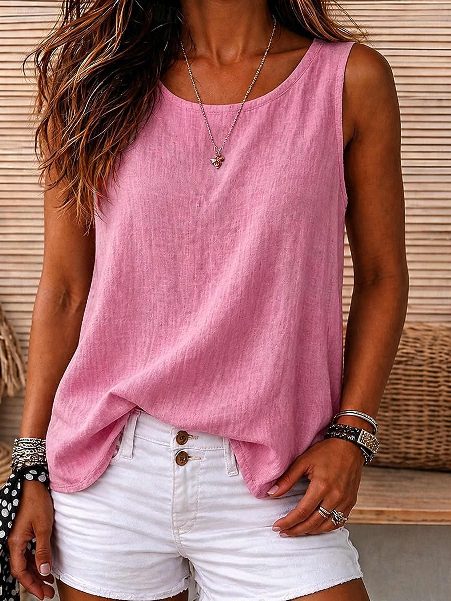 Mujer Camiseta sin mangas Plano Vintage Sin Mangas Escote Redondo Tops regulares Casual Rojo óxido Negro Blanco Amarillo Rosa Verano Primavera 2026 - $16.49 –P7
