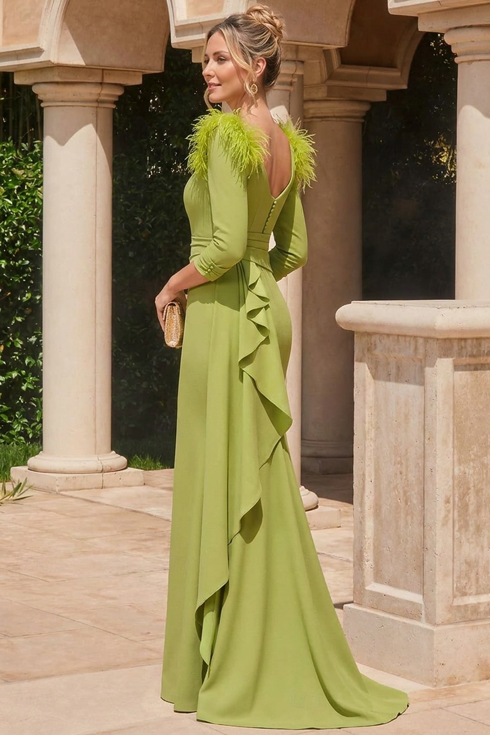Sirena Tromba Lunghezza al pavimento Abiti da Ballo Abito da Sera Da principessa Abito formale Elegante Manica 3/4 Scollo a V Formale Autunno Raso con Piuma Arricciato Volant del 2026 a $206.99 –P2