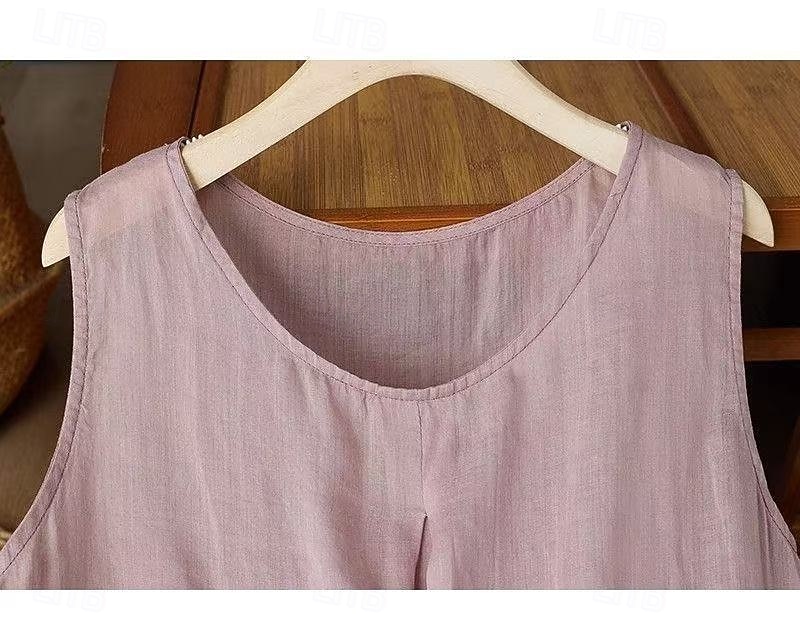 Per donna Gilet in cotone e lino Arricciato Ricamato Tinta unica Elegante Senza Maniche Senza maniche Scollo Tondo Top Regolari Bianco Rosa Viola Kaki Estate Primavera del 2026 a $13.99 –P6