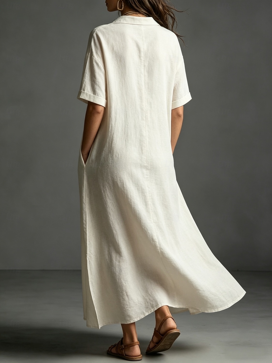 Women's Maxi long Dress Linen Dresses Elegant Vacation Loose Fit Plain Short Sleeve Shirt Collar Summer 2026 - $33.99 –P3