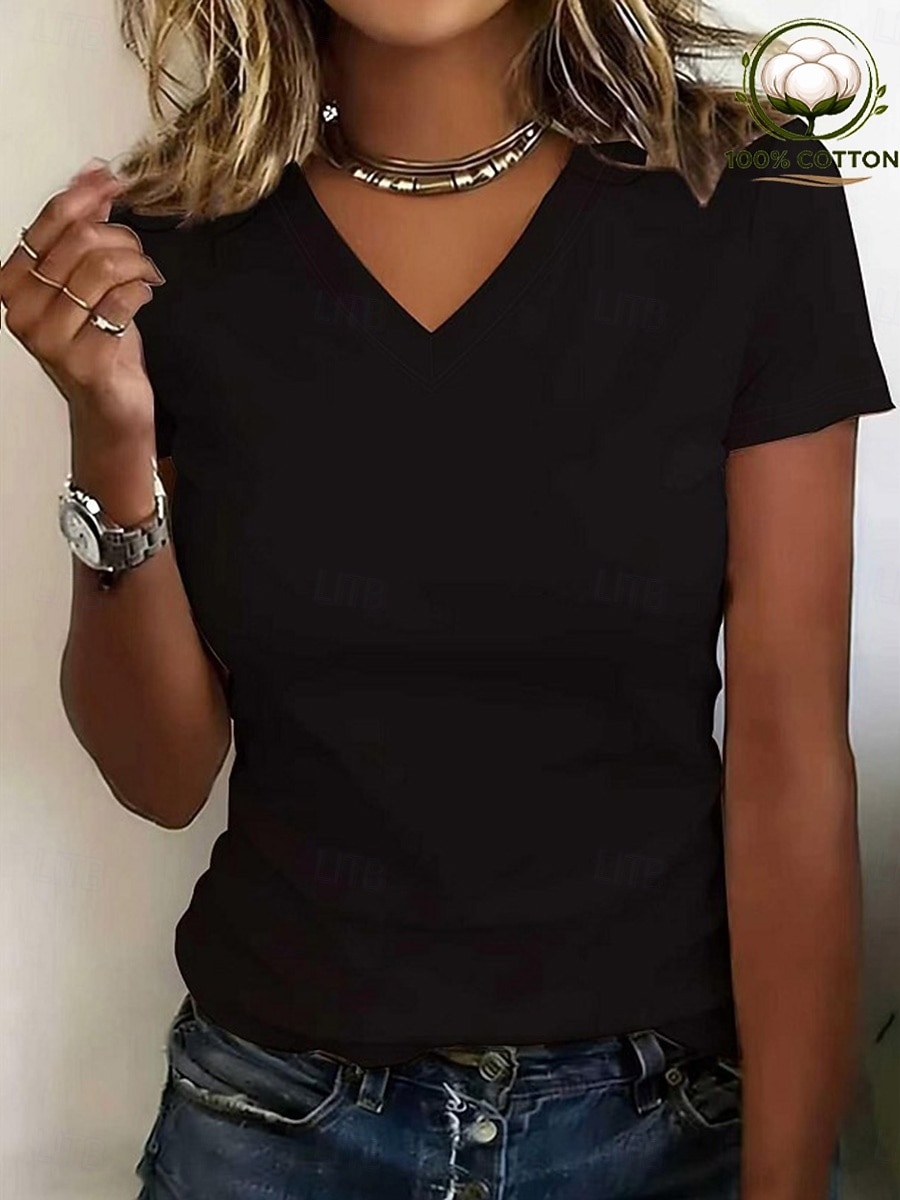 Per donna 100% cotone Elegante Essenziale Manica Corta Scollo a V Top Regolari Casuale Estate Blu Nero Bianco Giallo Rosa Primavera del 2026 a $21.99 –P6