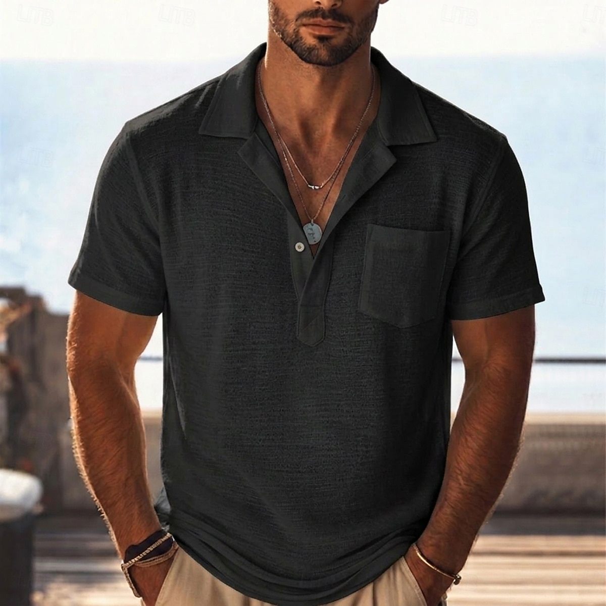 Per uomo Camicia di lino Polo Casuale Vacanza Colletto cubano Manica Corta Vacanza Moda Semplice Testurizzato Bottoni Puro Estate Primavera Vestibilità regolare Blu Nero Bianco Verde chiaro Verde del 2026 a $24.99 –P9