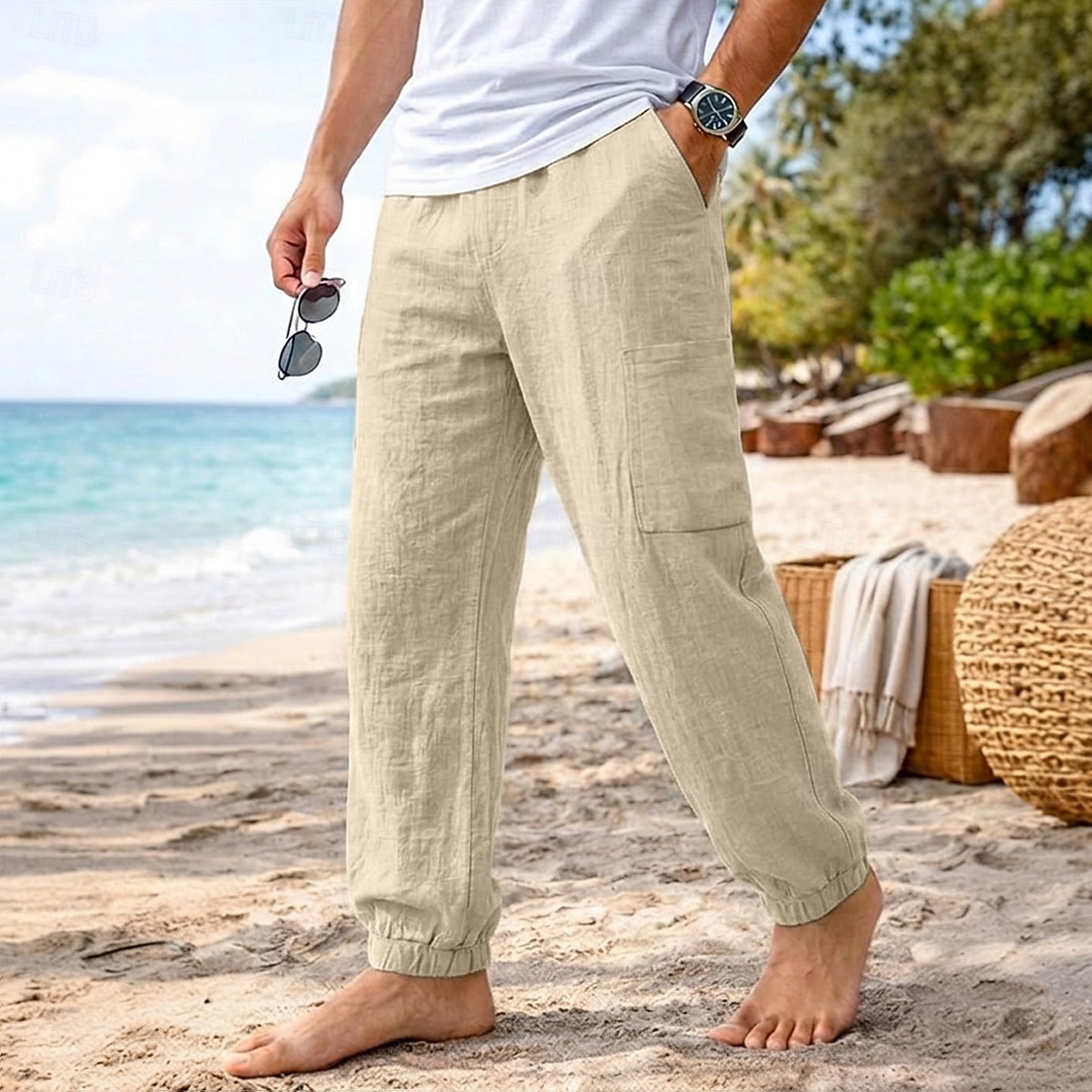 Bărbați Pantaloni de in Pantaloni Pantaloni de vară Manșetă Elastică Simplu Confort Respirabil Lungime totală Casual Zilnic Plajă Vacanță Modă Kaki Negru Inelastic 2026 - $26.99 –P1