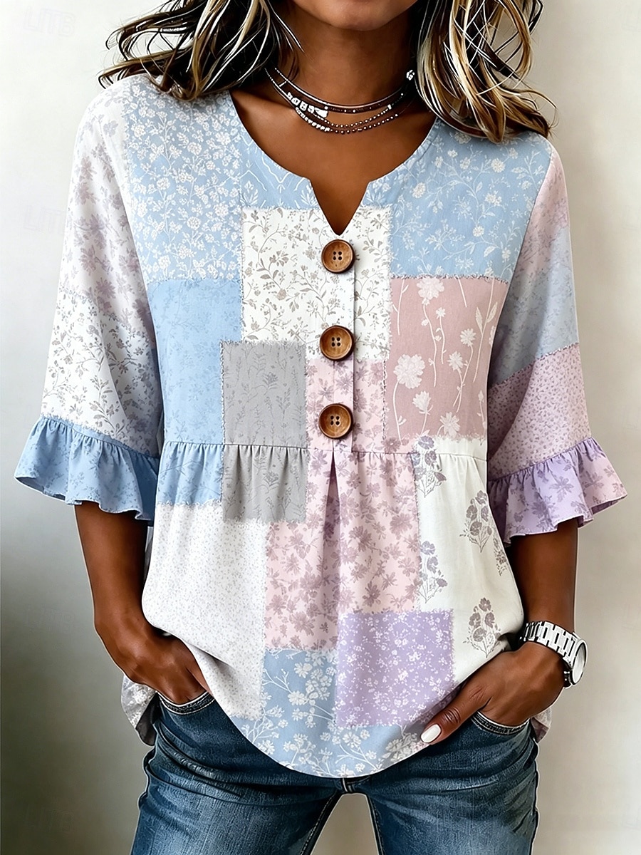 Mujer Camisa Retazos Botones Estampado Floral Graphic Bloque de color Vintage Elegante Media Manga Escote en Pico Tops regulares Casual Diario Festivos Azul Piscina Rosa Marrón Verde Trébol Verano 2026 - $34.99 –P2