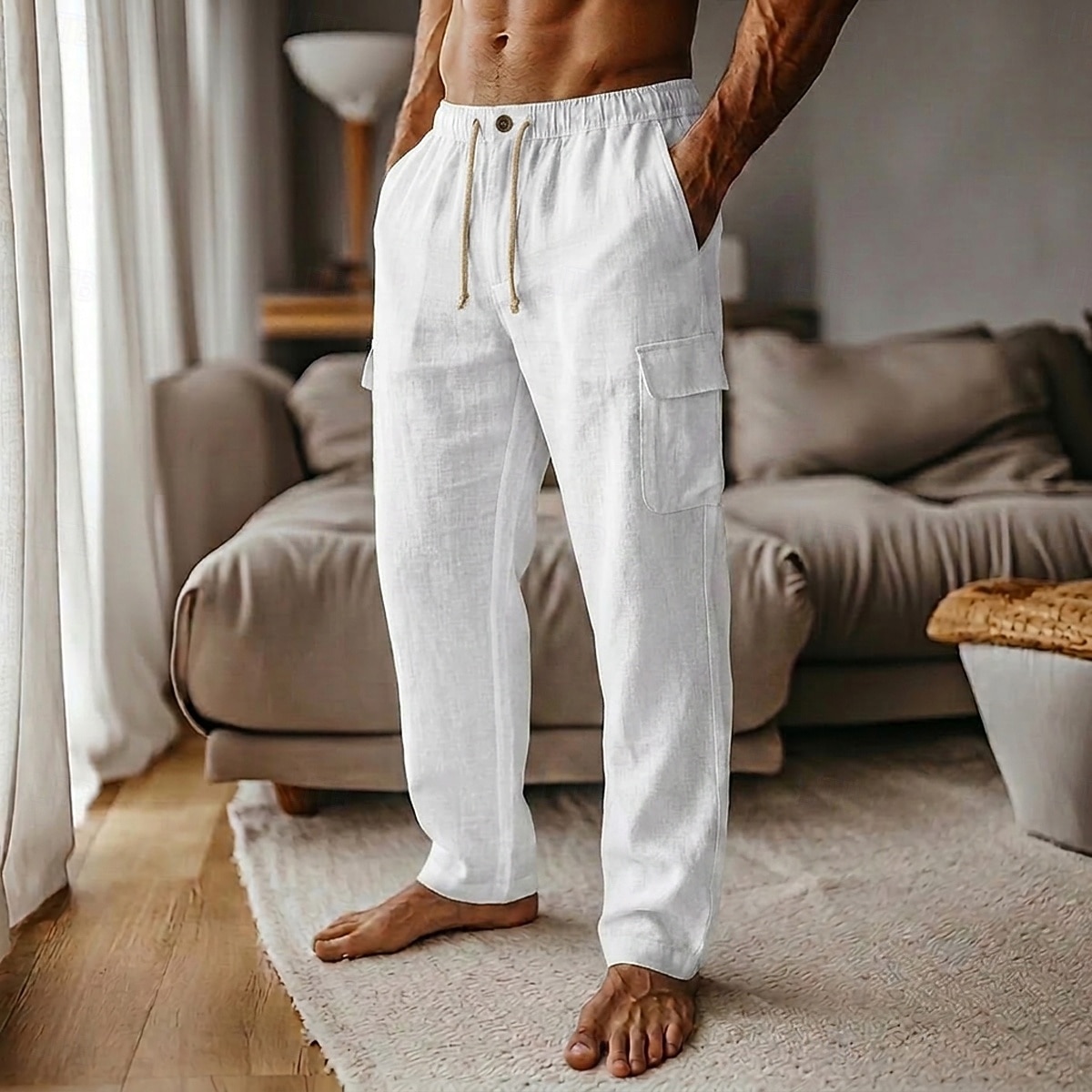 Men's Linen Pants Trousers Summer Pants Baggy Pants Drawstring Elastic Waist Straight Leg Plain Comfort Breathable Knee Length Casual Daily Holiday Fashion Classic Style Black White Inelastic 2026 - $31.99 –P1