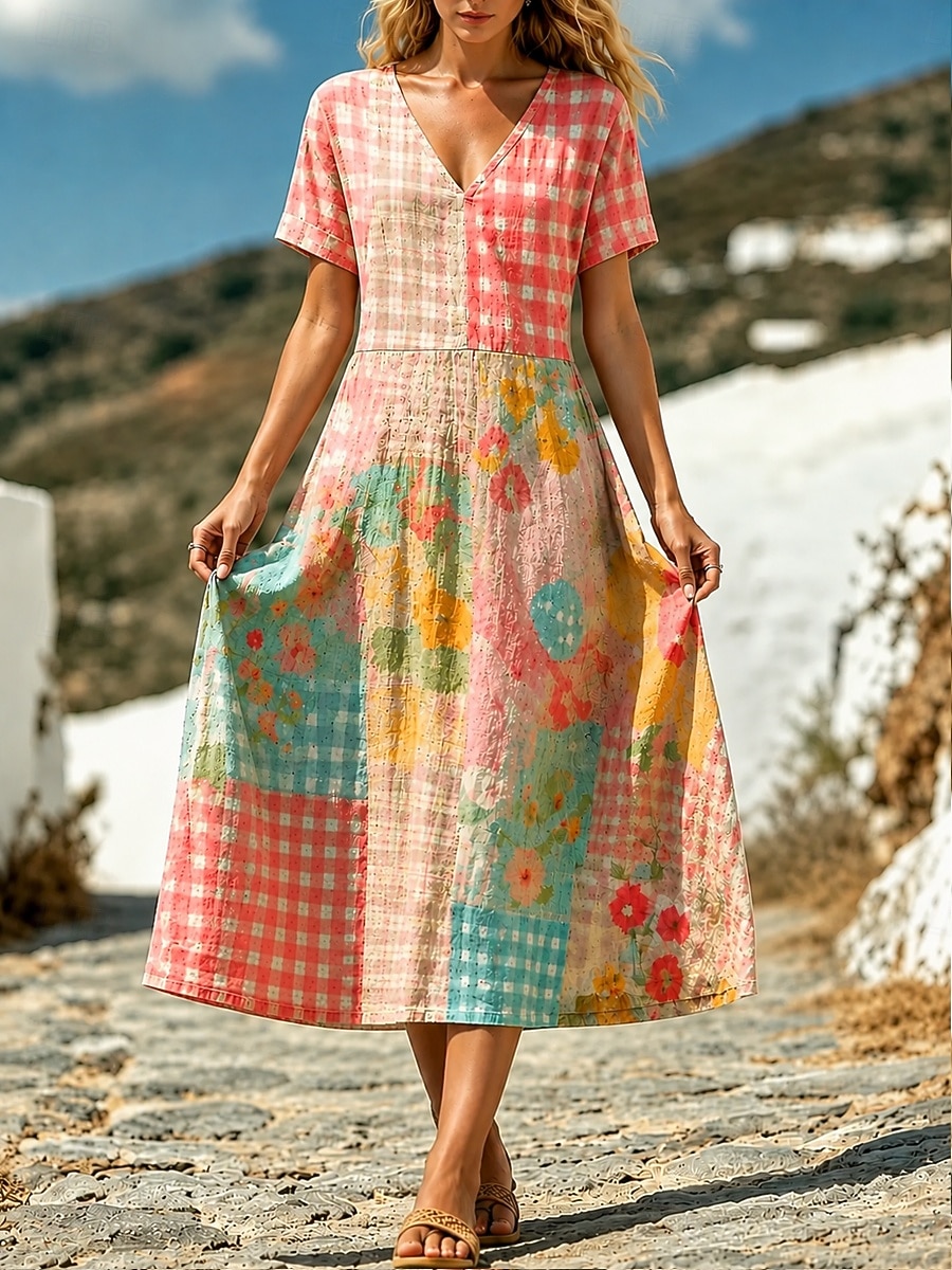 Women's Midi Dress Casual Dress Vacation Holiday Regular Fit Graphic Paisley Short Sleeve V Neck Blue Pink Summer Spring 2026 - $44.99 –P2