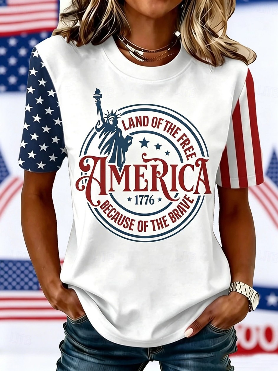 Amerikanska självständighetsdagen Dam T-shirt Mönster Grafisk Flagga Bokstav Vintage Mode Stylish Kortärmad Rund hals Långa toppar Ledigt Dagligen Helgen Blå Vit Röd / blå Sommar Vår Höst 2026 - $21.99 –P3