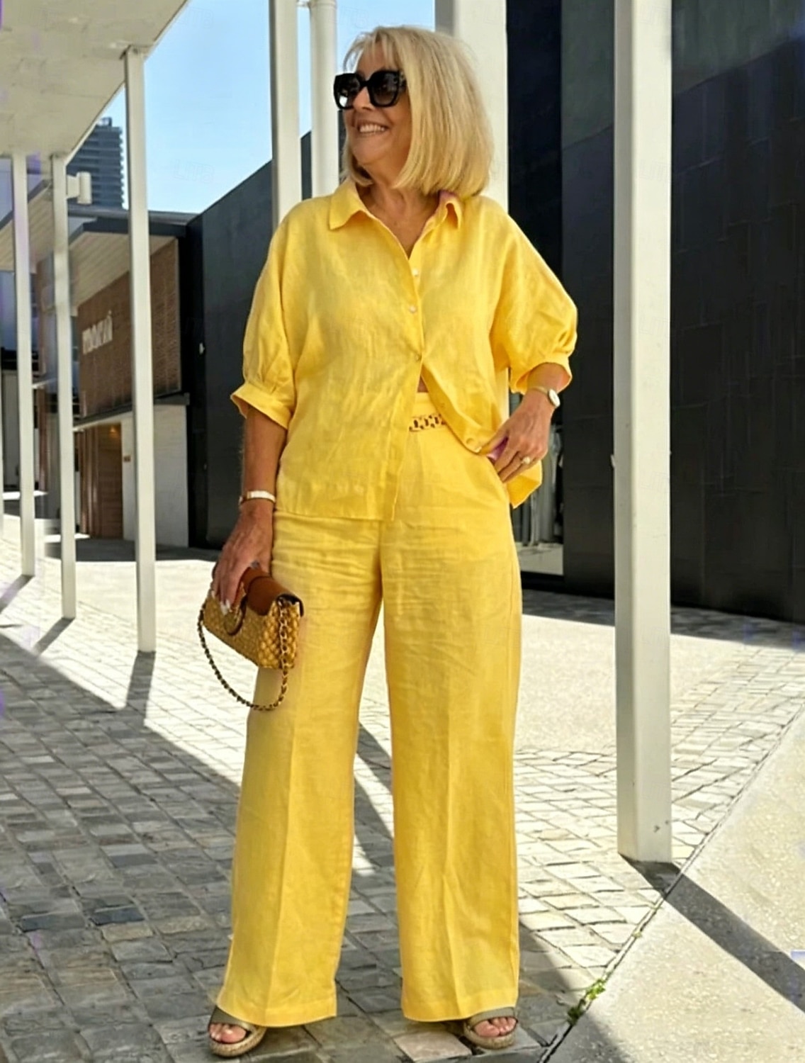 Women's Shirt Pants Sets 3/4 Length Sleeve Shirt Collar Solid Color Fashion Streetwear Casual Daily Outdoor Blue Yellow Pink Spring & Summer Loose Fit 2026 - $43.99 –P5