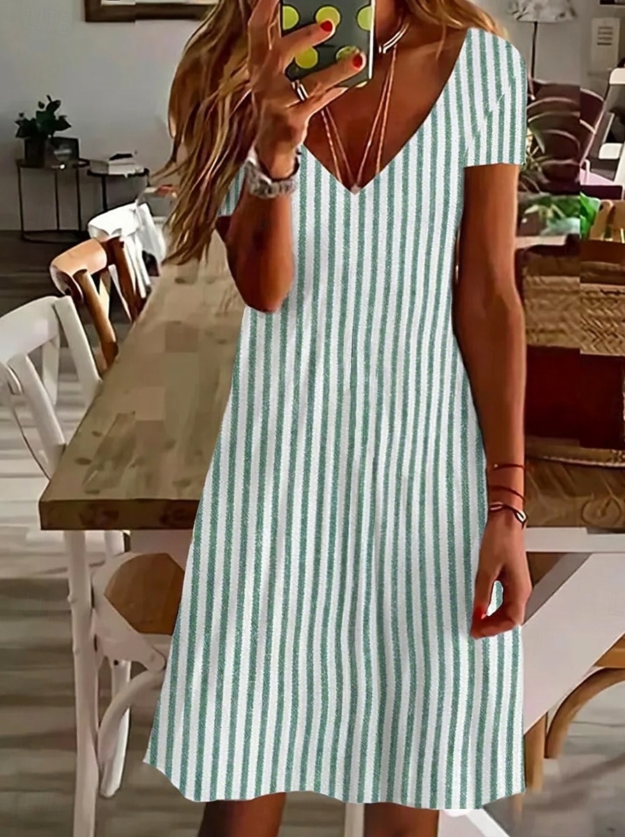 Women's Knee Length Dress Casual Dress Striped Dress A Line Dress Elegant Fashion Daily Vacation Regular Fit Striped Short Sleeve V Neck Blue Yellow Red Green Summer Spring 2026 - $26.99 –P6