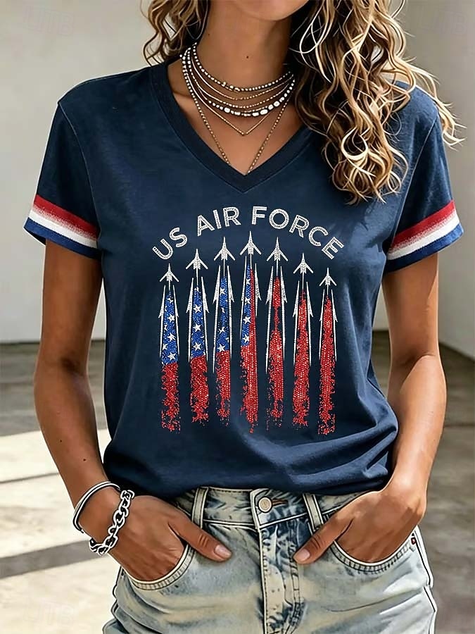 American Independence Day Women's T Shirt Print Graphic American Flag Vintage Stylish Classic Short Sleeve V Neck Regular Tops Casual Daily Blue White Red Summer Spring 2026 - $21.99 –P1
