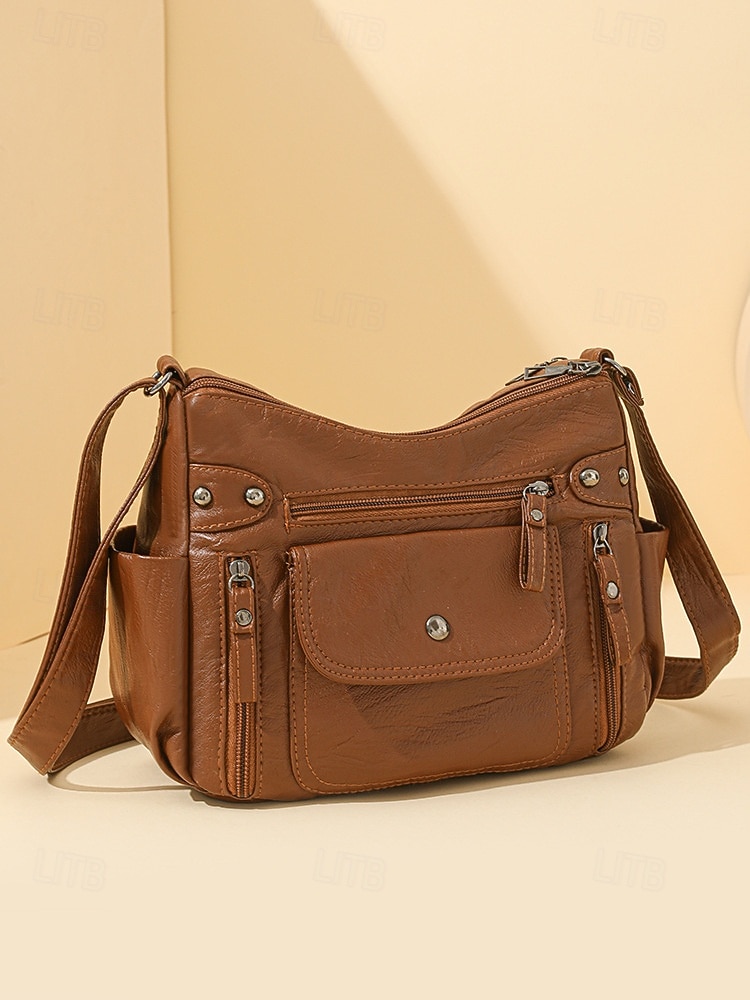 Bolsa transversal feminina em couro sintético, com vários bolsos, bolsa de ombro espaçosa com alça ajustável, bolsa mensageiro vintage macia para viagens, férias e uso casual diário. de 2026 por $18.99 –P5
