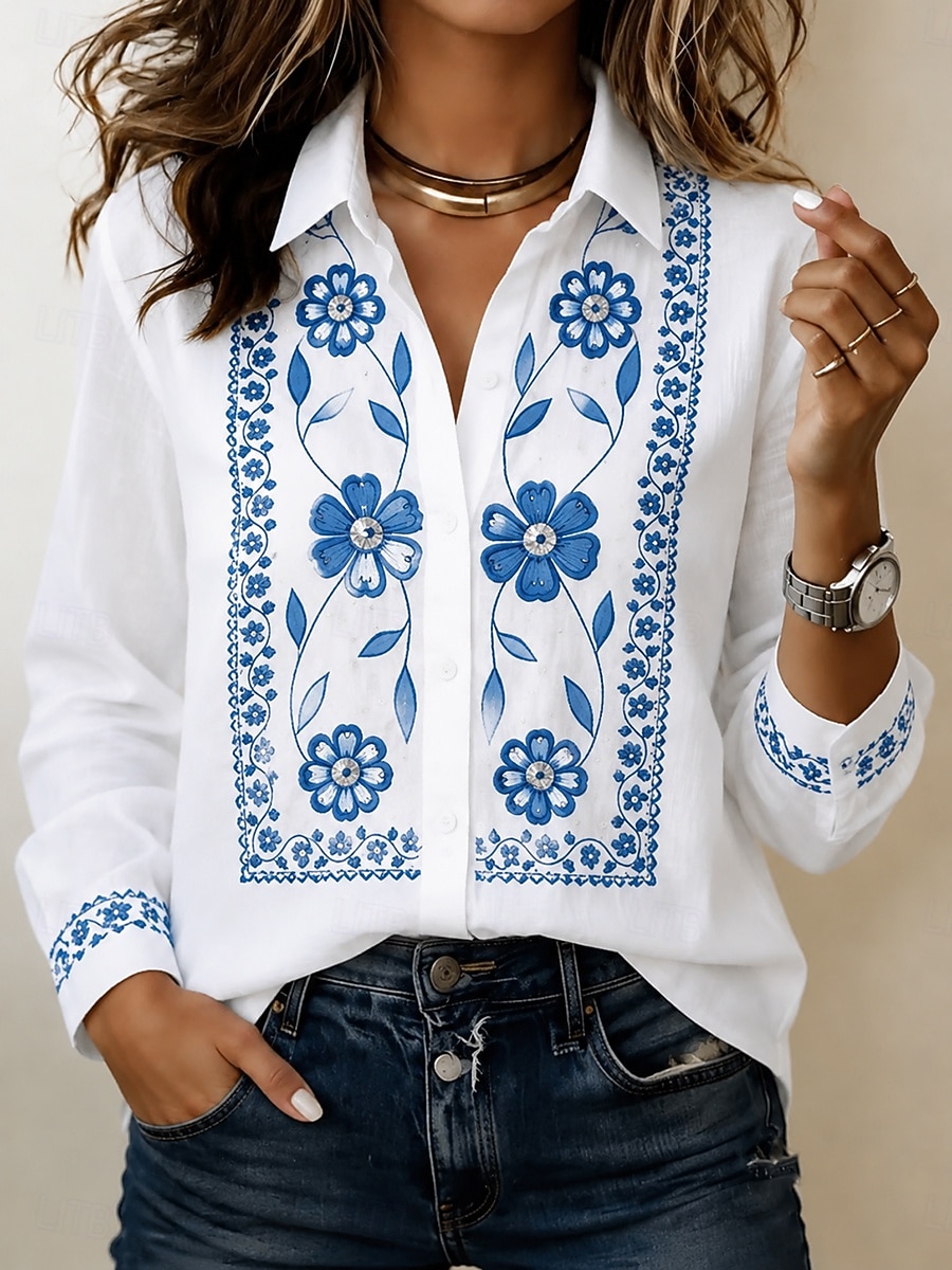 Women's Shirt Blouse Ruched Patchwork Embroidered Floral Graphic Vintage Casual Long Sleeve Shirt Collar Regular Tops Casual Daily Blue White Pink Gray Summer Spring Fall Winter 2026 - $32.99 –P1