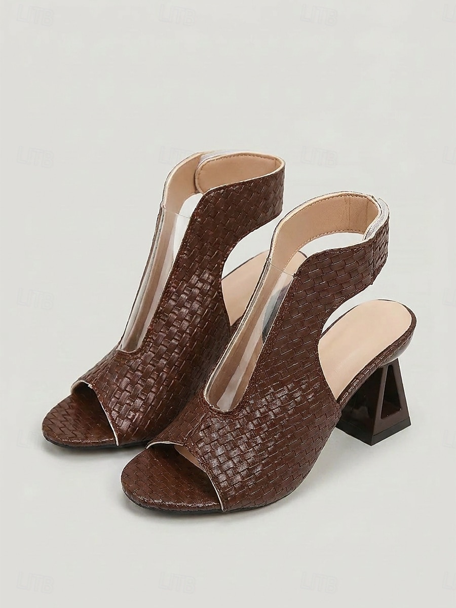 Women's Black Open Toe Sandals - Modern Faux Snake Texture Block High Heels with Clear PVC Panel for Office Work, Daily Commute & Business Casual 2026 - $32.99 –P3