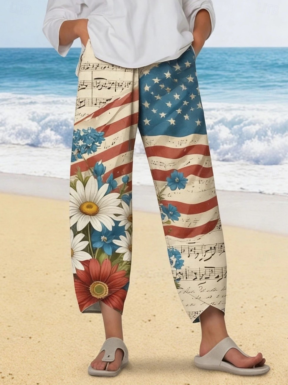 amerikansk uavhengighetsdag dame chinos med vide ben, baggy bukser, strandshorts, ferie, vintage, etnisk stil, ankellange bukser med høy midje, blomster, grafisk trykk, trykk, termisk, varm komfort, 2026 - $24.99 –P2