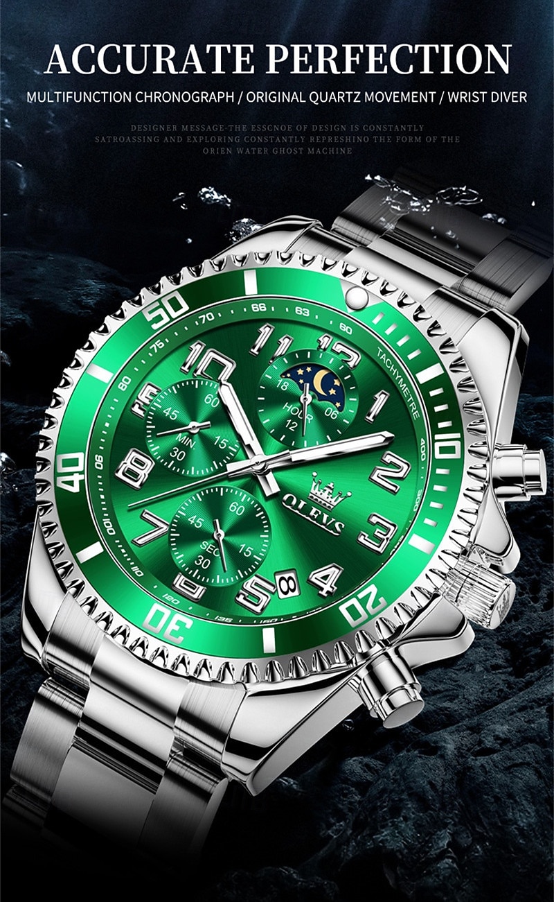 OLEVS Men's Chronograph Watch Luxury Green Face Two Tone Stainless Steel Moon Phase Waterproof Luminous Analog Quartz Wrist Watch for Men Big Face Fashion Sport Business Watch Gifts for Him 2026 - $39.99 –P7