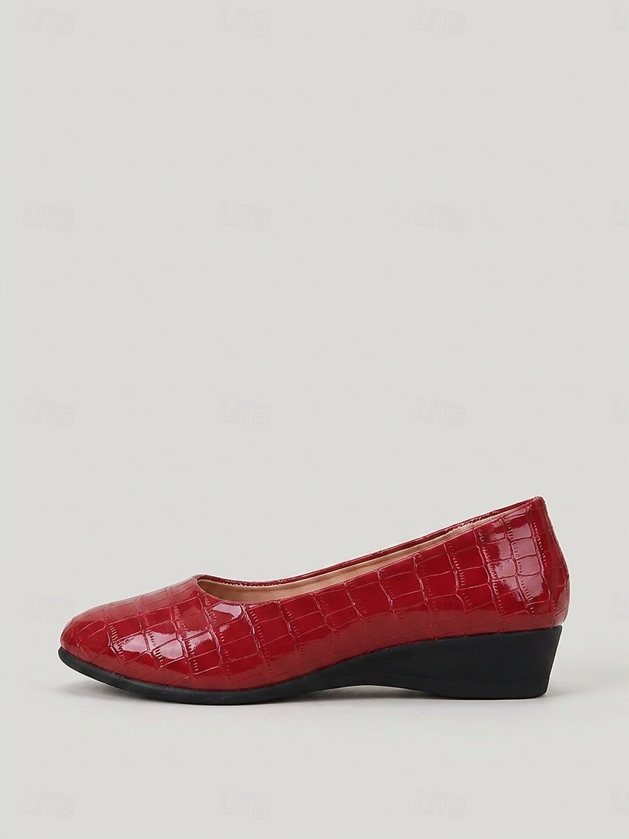Women's Red Croc-Embossed Flats - Comfortable Round Toe Office Shoes with Low Wedge Heel & Anti-Slip Sole for Professional Work, Meetings & Daily Commute 2026 - $24.99 –P4