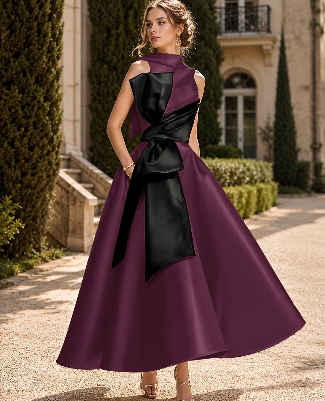 Linha A Longuette Vestidos de cocktail Vestidos de festa Elegante Sedoso Sem Manga Gola Redonda Casamento Formal Bolsos Cetim com Laço(s) Miçangas de 2026 por $149.99 –P15