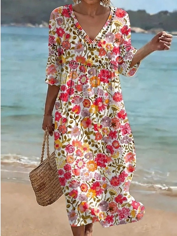 Mujer Vestido Midi Vestido de cambio Vestido de verano Vacaciones Fiesta Casual Oficina Playa Fiesta Holgado Floral Graphic Manga 3/4 Escote en Pico Amarillo Claro Blanco Verde Claro Gris Oscuro 2026 - $17.99 –P6
