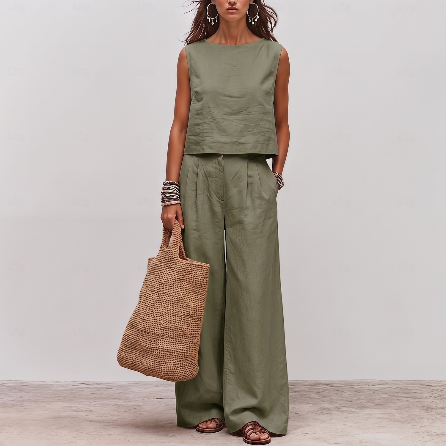 Damen Baumwoll-Leinen-Sets Ärmellos Rundhals Einfach Marineblau Kaki Militßrgrün Sommer Lässiger Schnitt 2026 - $34.99 –P3