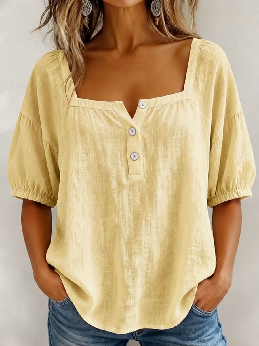 Mulheres Blusa Côr Sólida Diário à moda Básico Manga 3/4 Decote Quadrado Tops regulares Diário Azul Amarelo Rosa Verão Primavera de 2026 por $33.99 –P1