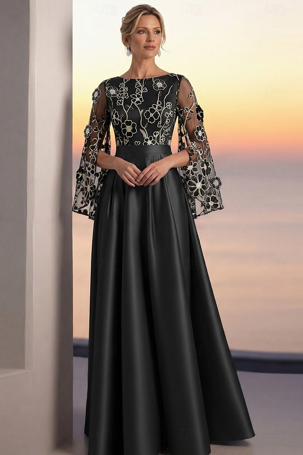A-Linie Bodenlang Perlenbestickt Abendkleid Kleid der Brautmutter Abendkleid Ballkleid Festliche Kleidung Elegant Farbblock Langarm Rundhalsausschnitt Hochzeit Formell Tasche Satin Spitze Tiefer 2026 - $171.99 –P6
