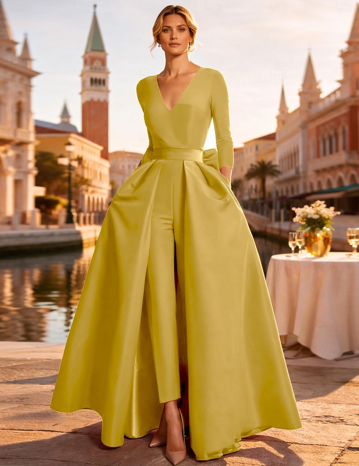 Dos Piezas Mono Hasta el Suelo Desmontable Vestidos de noche Elegante Manga Larga Escote en Pico Boda Invitado a la boda Bolsillo Tejido elástico con Mariposa 2026 - $160.99 –P13