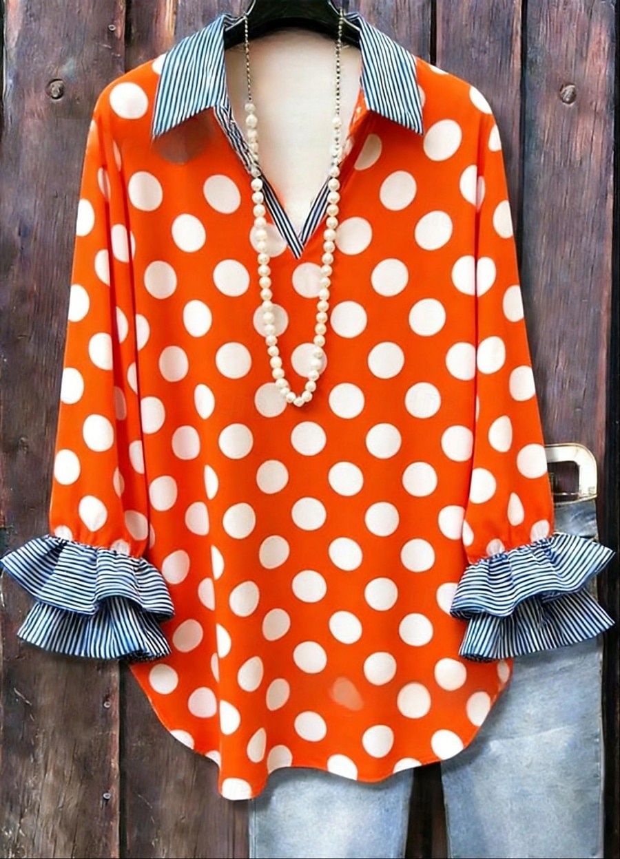Damen Hemd Freizeithemd Rüsche Grafik Tupfen Farbblock Elegant Bohemien Aktiv Langarm Rüschenärmel V Ausschnitt Lange Oberteile Lässig Blau Rosa Orange Aprikose Sommer Frühling Herbst Winter 2026 - $36.99 –P1