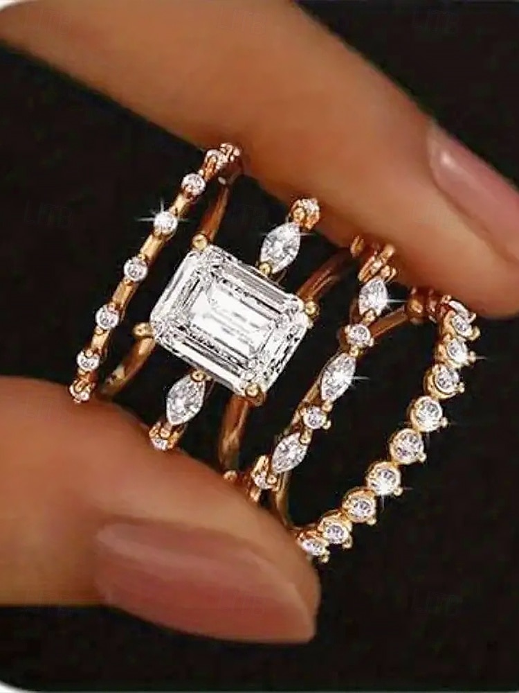 Conjunto de 4 anéis de cristal empilháveis para mulheres, estilo boho, banhados a ouro/prata, joias elegantes para praia e uso diário. &roupa de festa de 2026 por $11.99 –P4