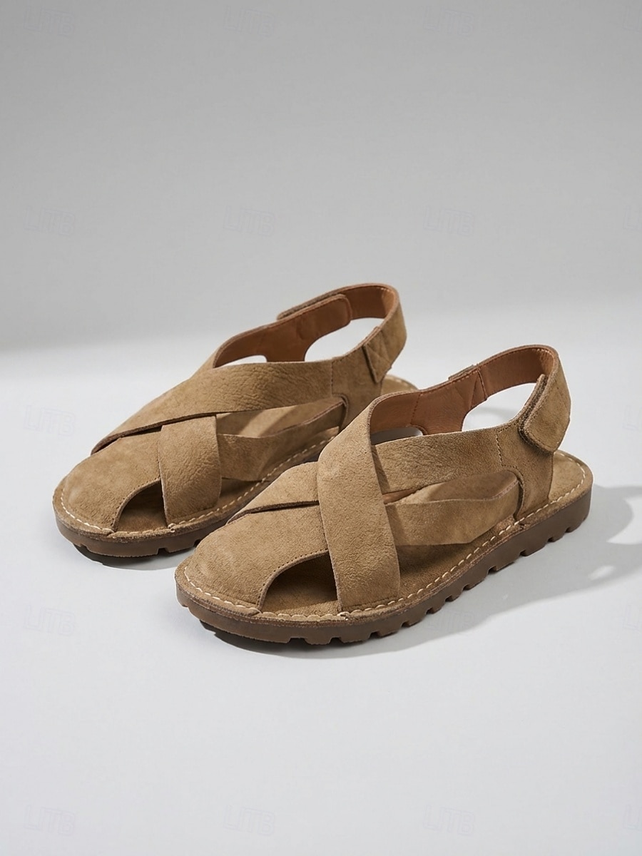Women's Khaki Crisscross Strap Flat Sandals - Closed-Toe Sandals with Adjustable Magic Tape, Casual Non-Slip Footwear for Summer Outings, Travel & Daily Wear 2026 - $26.99 –P1