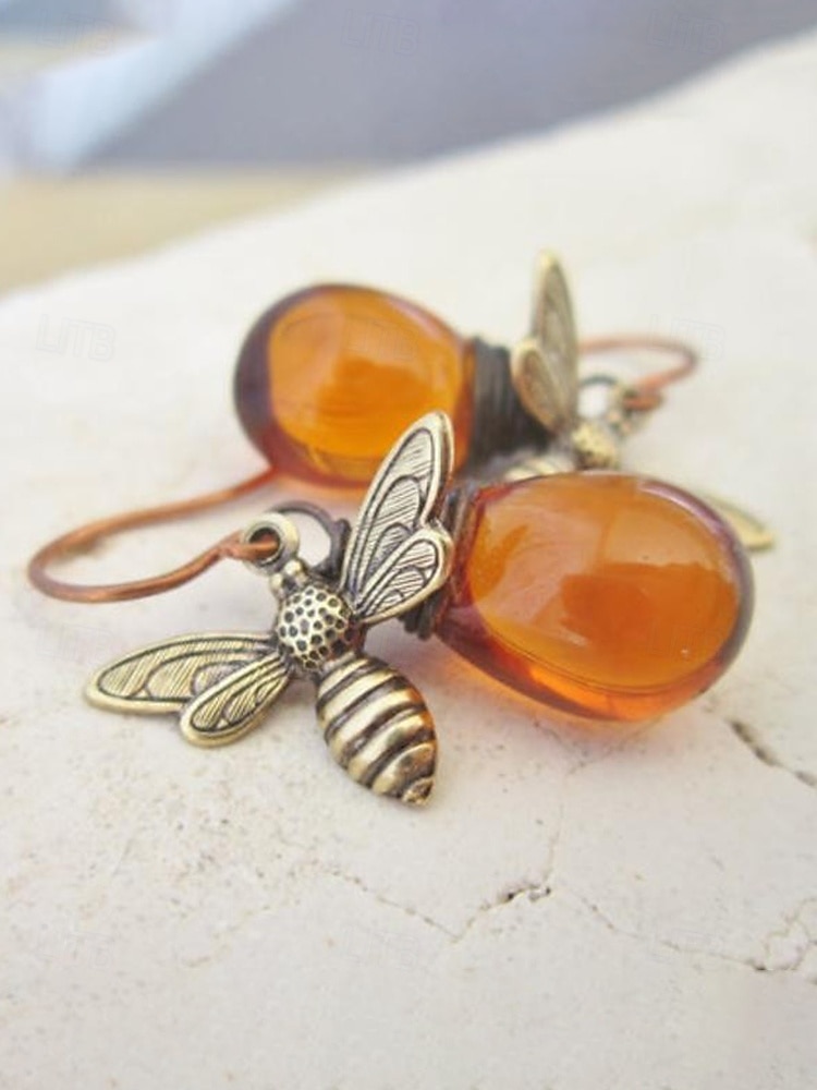 Dámské boho visací náušnice s čmelákem - vintage zlatá slitina &Žluté skleněné křišťálové visací náušnice s motivem včely medonosné pro letní dovolenou na pláži, každodenní nošení &unikátní dárek z 2026 - $7.99 –P7